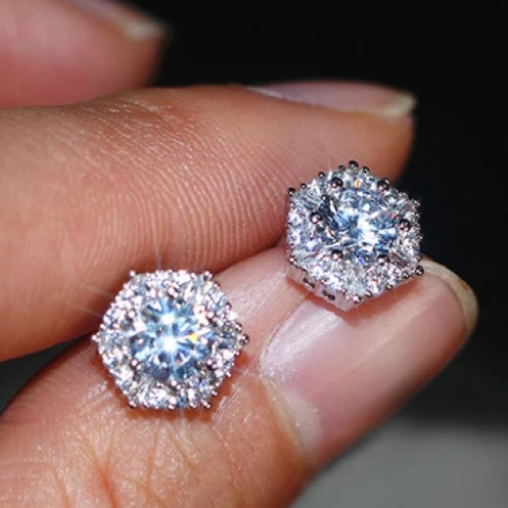 Silver Hexagon Stud Earrings - Picture 4 of 6